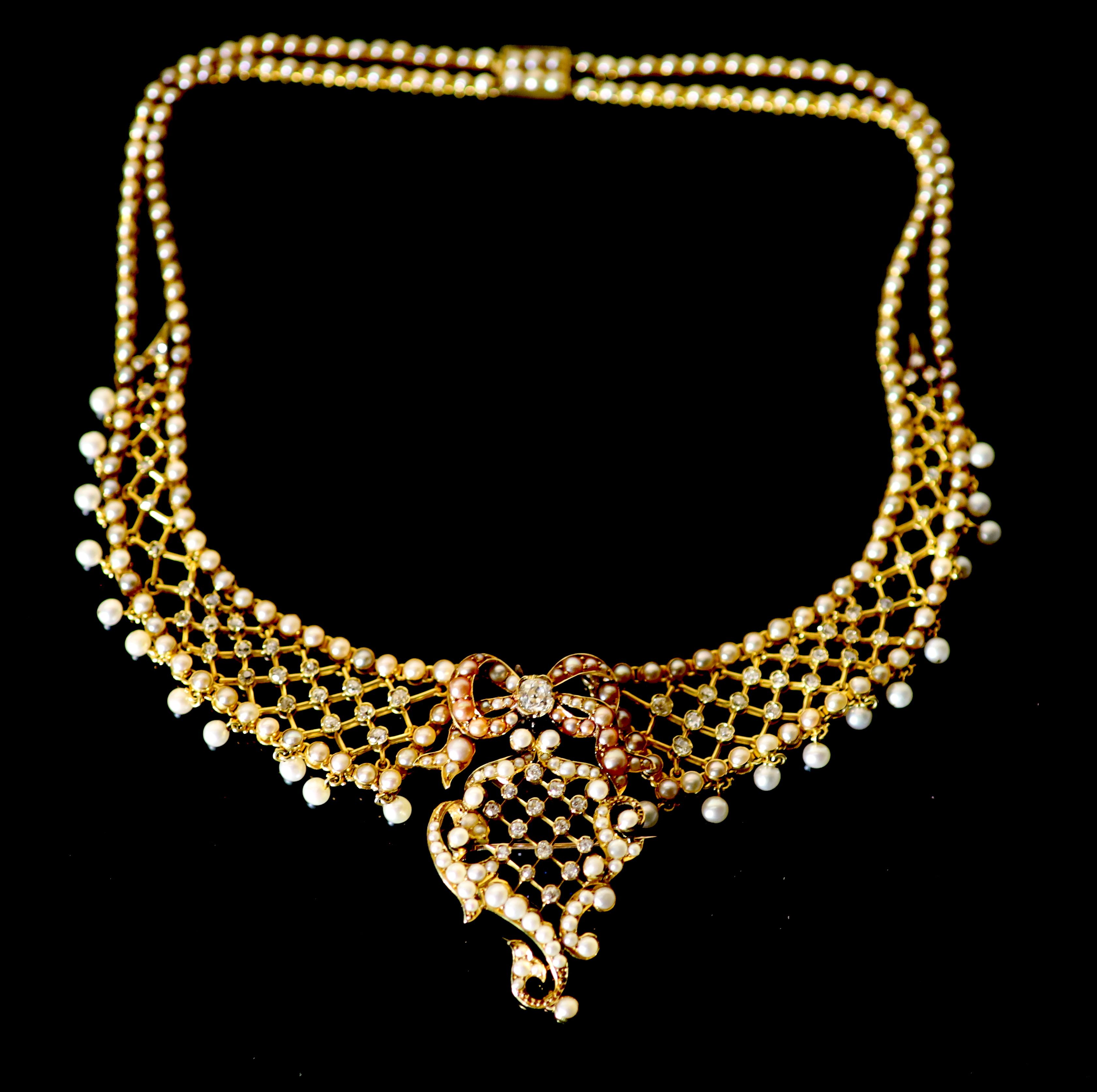 A good Victorian 15ct gold, pearl and diamond set drop pendant/brooch necklace,